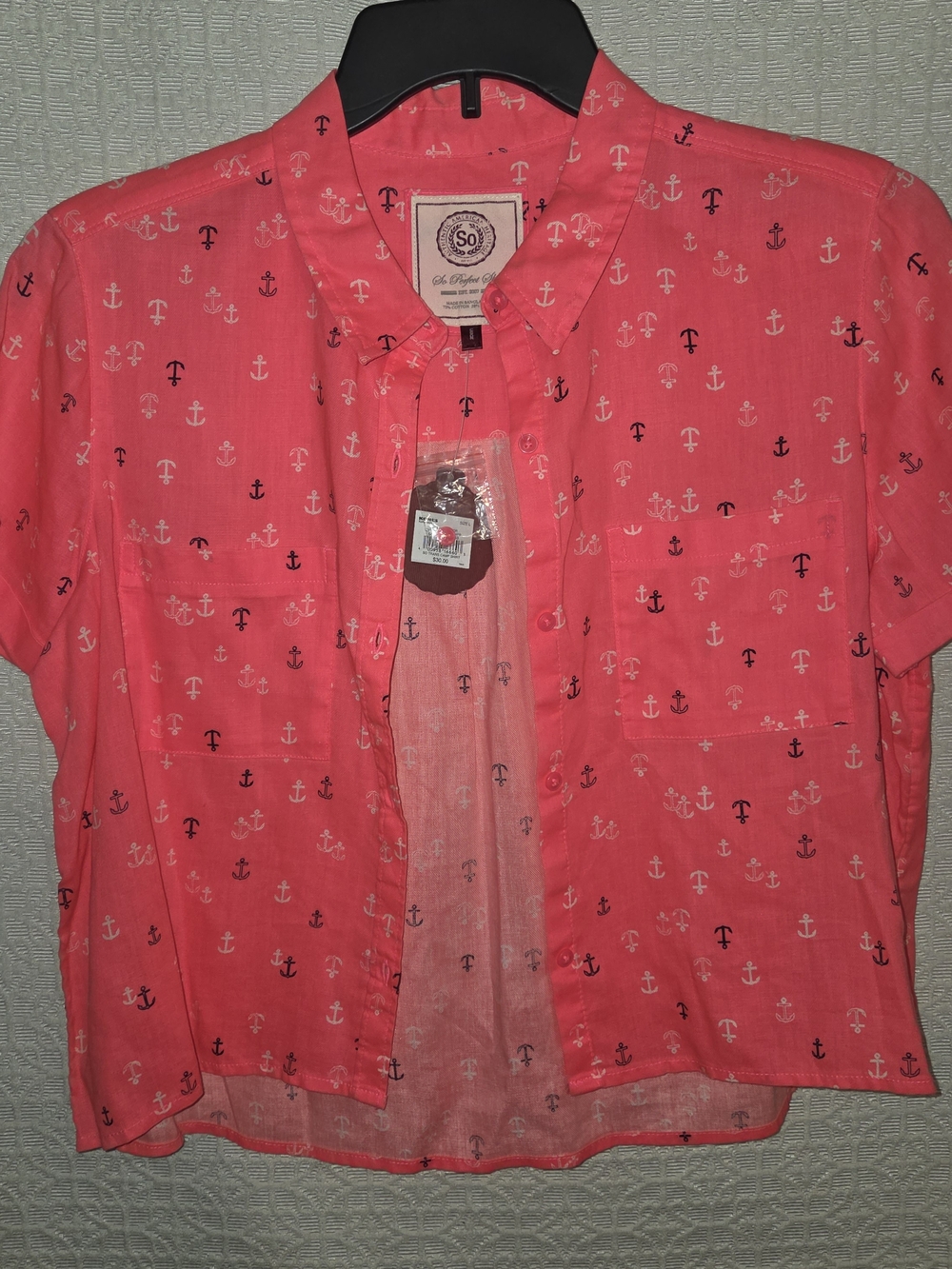 So® Coral Anchor Print Short Sleeve Button-Down Shirt